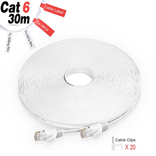 Cat. 6 Ethernet Kabel 30,48m/100ft (mit Kabel-Clips und Etiketten), GLCON Cat. 6 flache Internet Netzwerk Kabel High Speed 10 Gbit/s, snagless, RJ45 Stecker lang Slim Ethernet Patch Kabel für Router/Modem/Switch/Patch Panel (Weiß)