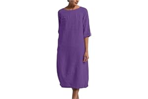 ZEIAYUAS Cotton Linen Dresses Women UK Sale Clearance 3/4 Sleeve Loose Fit Midi Dress Summer Beach Holiday Plain Sundress Indian Vintage Solid Dress Ladies Elegant Baggy Tunic Dresses Plus Size 22