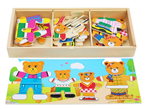 Toys of Wood Oxford Rompecabezas de Vestir de Oso de Madera - Familia de Bear Vestir, clasificar y Combinar Piezas de Rompecabezas de Montar - Juegos de simulación de Madera para niños de 3 años