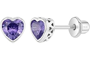 In Season Jewelry Plata Fina 925 Pendientes con Cierre de Rosca de Seguridad de Corazón para Niñas con Bisel de Diamante de imitacion de Circonia para Bebés, Niñas y Niñas Pequeñas