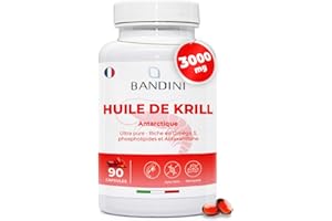 Bandini® Huile de Krill Pure d' Antarctique 3000mg Oméga 3 | 465 mg DHA et EPA, 1200 mg Phospholipides Marins, Source de Astaxanthine, Acides Gras Essentiels Omega-3 | Idéal pour le coeur - 90 gélules