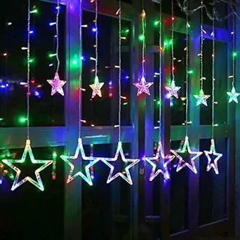 One94 124 LED 12 Stars Curtain String Lights, Window Curtain Lights with 8 Flashing Modes Remote for Indoo, Birthday, Bedroom (3 Meter, Multi)