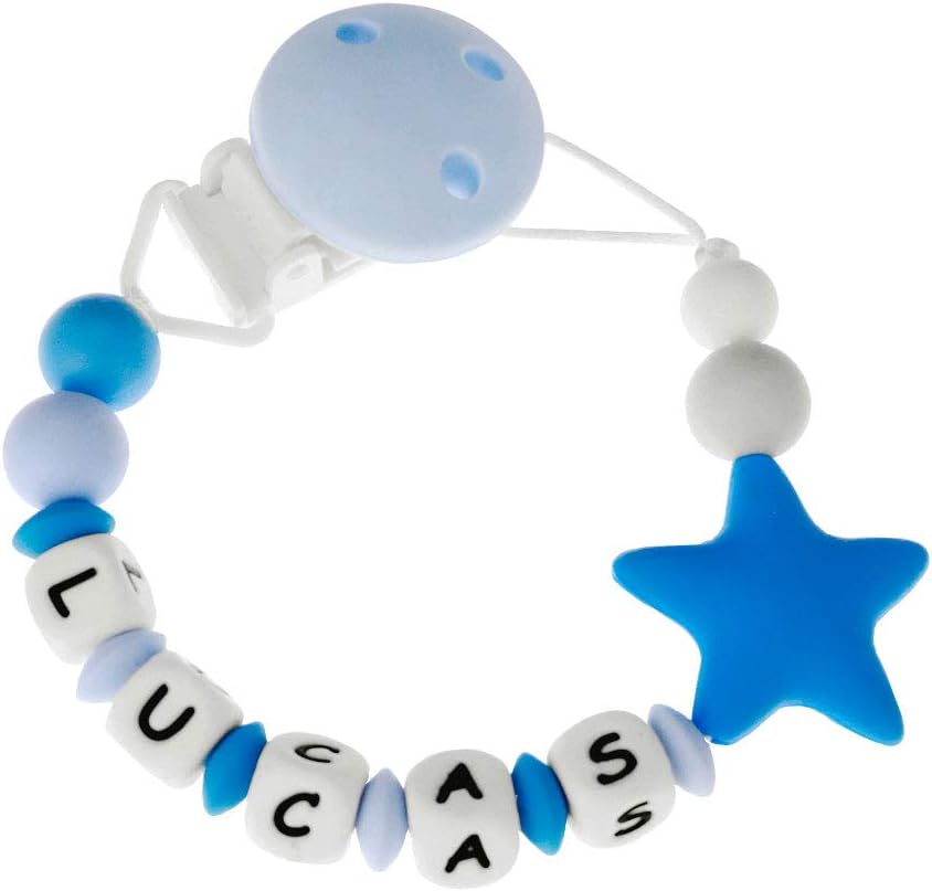 RUBY - Teething Dummy Chain Personalised, Teething Dummy Clips with Personalized Name, Pacifier Chain Silicone Ball, Baby Shower Star (Blue)