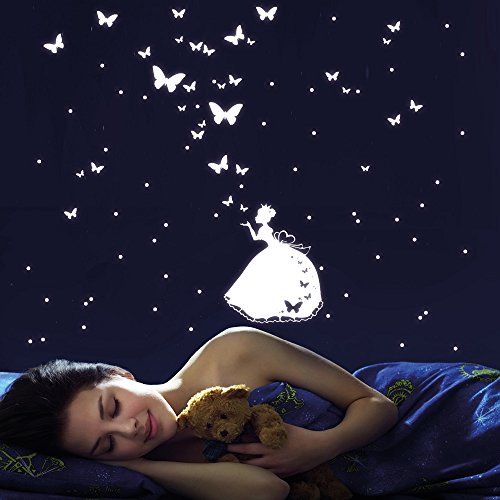 Wandtattoo Loft “ Fluoreszierende Prinzessin mit 30 verschiedenen Schmetterlingen und 60 Punkten“ Leuchtaufkleber – Wandtattoo fluoreszierende leuchtende Sticker für das Kinderzimmer - 3