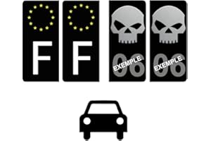 DECO-IDEES Set de 4 Stickers pour Plaque immatriculation Auto, Skull, Noir avec Votre N° de département - Stickers Garantis 5 Ans