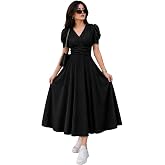 Preneum Girl's & Women's Solid Color V-Neck A-Line Maxi Dress for Women | New Year Party Outfit | Waist Cinched Puff Sleeve W