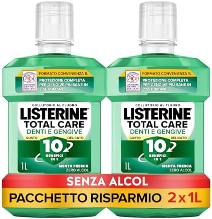 LISTERINE Denti e Gengive Gusto Delicato, Collutorio 0% alcol al gusto di Menta Fresca, Collutorio senza alcool con 10 benefici in 1, Confezione da 2 x 1L – Esclusiva Amazon
