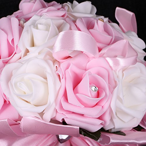 MagiDeal Kunstblumen Künstliche Tropfen Schaum Rose Kunstblumen Hochzeit Blumen Dekor Bouquet – Weiß und Rosa, 25 x 26 cm - 3