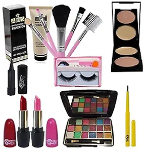 SWIPA Exclusive Beauty Combo Set(Foundation(60ml),5Pcs Makeup Brush,2in1 Compact Powder,kajal,Eyelashes,12color Eyeshadow,3color Blusher,Pink Red Lipstick,Kajal)