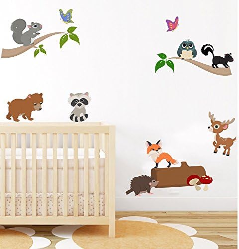 woodland animal nursery wall art sticker baby bedroom wall decor decals PEEL &amp; STICK owl fox and jungle friends mural