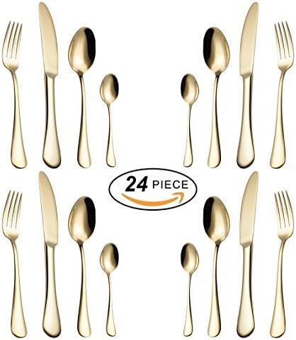 24-Piece Cutlery Set Stainless Steel Flatware Silverware Dining 6 Table Knives 6 Forks 6 Dessert Spoons 6 Tea Spoons Gold