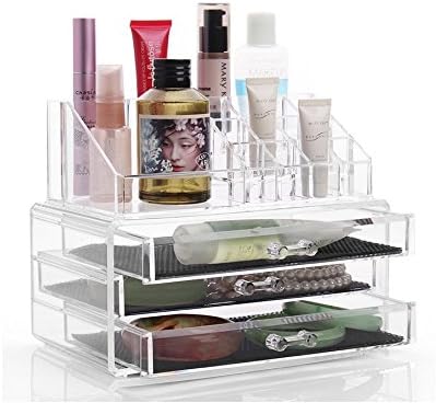 DJUNXYAN Large Transparent Multifunction Detachable Combination Double-Deck Acrylic Make Up Organiser Cosmetic Box Lipstick Makeup Brush Tray Plus 3 drawers
