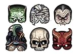 2351; Pack 6 caretas monster; ideal para fiestas y cumpleaños; producto de cartón; drácula; Frankenstein; mómia; calavera; bruja; diablo