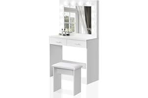 ‎TUKAILAI TUKAILAI Schminktisch mit Beleuchtung und Hocker, Weiß Frisiertisch mit Spiegel und 2 Schubladen Make-up Schlafzimmer Kosmetiktisch mädchen Vanity Set schminktisch klein mit Led