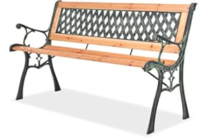 vidaXL Garden Bench – 122cm Nostalgic Design, Wood and Wrought Iron Frame, Decorative PVC Backrest, 110kg Load Capacity