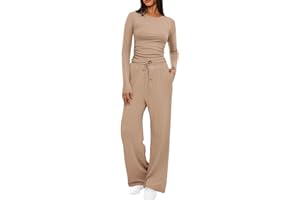 Mobeur Womens Tracksuit Set Two Piece Outfits Stretch Long Sleeve Crop Top and Drawstring Elastic Waist Wide Leg Trouser Solid Color Lounge Sets Y39k Outfits Ladies Yoga Trousers Suit