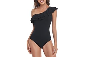 NLAND Maillot de Bain 1 Pièce Femme Plage Rembourré Elégant One Shoulder Ventre à Volants Haut de Chic Bikini