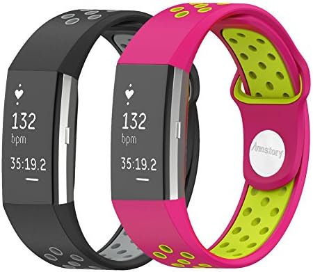 Annstory Fitbit Charge 2 Band, 2PCS Soft Silicone Silica Gel Sport Adjustable Replacement Band Strap for Fitbit Charge 2 Smartwatch Heart Rate Fitness Wristband (Grey&amp;Black+Green&amp;Rose)