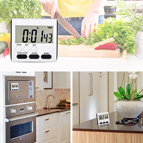 Mudder 2 Stück Magnetische Digital Küche Timer 24 Stunden Zeitschaltuhr Lauten Alarm mit Großen Ziffern und Ständer (Weiß – Schwarz) - 6