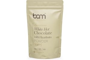 BAM Preparato per Cioccolata – Calda Cioccolata Solubile Cremosa in Polvere, con Dosatore – 220g, 7 Porzioni (Cioccolato bianco con nocciole)