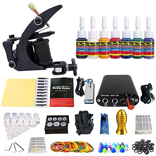 Solong Tattoo New Beginner 1 Pro Machine Gun Tattoo Kit Power Supply Needle Grips tip 7 color ink set TK105-1