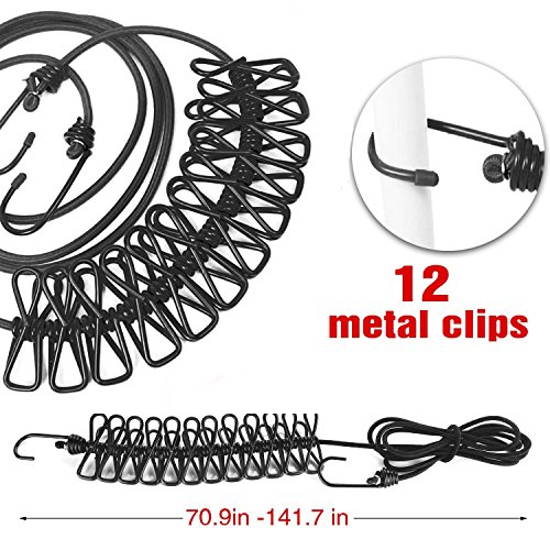 Leisial Flexibel Wäscheleine mit 12-Stück Clips und Beiden Haken- Super Praktisch Seile für Reise Camping Picknick Behausung (Schwarz) - 4