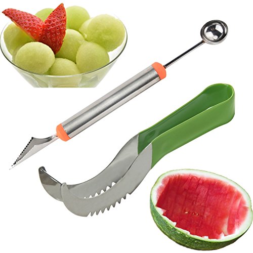 Umiwe Edelstahl Doppel Messer Wassermelonen Schneider und Doppelzweck Melonenausstecher