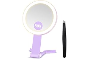 B Beauty Planet Lustro powiększające ze światłem, dwustronne lusterko do makijażu 30X/1 x z pęsetą, 3 kolorowe światła, składane i ściemnialne (fioletowe)