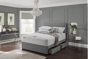 SANA SLEEP Premium Plain Fabric Divan Bed Set With Mattress, 2 Drawers (Same Side) and Headboard 4FT6 Double - Sierra Shark Grey