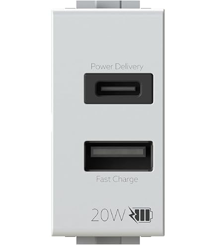 Presa Doppio USB Compatibile Con Bticino Living Light, Modulo Caricatore Da Muro 2 Porte USB 5V 2,1A (Grigio
