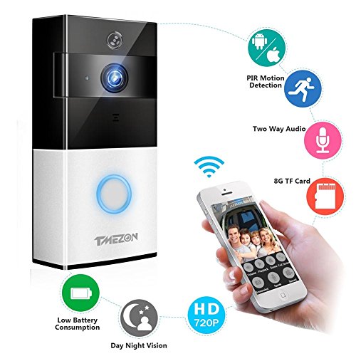 Preisvergleich Produktbild Tmezon Intelligente IP-Video-Türklingel Wifi, 720P HD-Türsprechanlage mit bidirektionalem Audiosystem, 8G Speicher, Bewegungssensor, PIR-Bewegungsmelder, IR-Nachtsicht, Wi-Fi- kompatibel, Anwendungssteuerung für IOS und Android