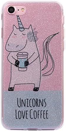 HeBan Luxury Bling Bling Glitter Sparkle Designer Case Shockproof Shining Fashion Style Back Cover for Apple IPhone 7 8 - Unicorns Love Coffee