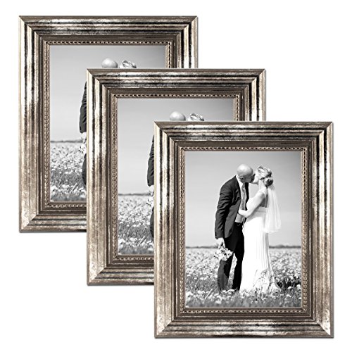 3er Set Bilderrahmen 21x30 cm / DIN A4 Silber Barock Antik Massivholz mit Glasscheibe und Zubehör / Fotorahmen / Barock-Rahmen