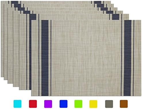 Placemats, Gonove Crossweave Woven Vinyl PVC Placemat Set of 6,Washable Table Mats for Kitchen Dinning Table(Blue Strip)