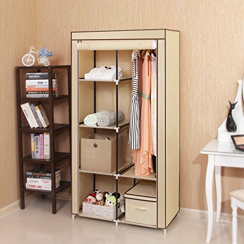 Songmics XL Stoffschrank Faltschrank 7 Montagearten Kleiderschrank mit 2 Kleiderstange 88 x 170 x 45 cm (B x H x T) beige RYG84M - 3