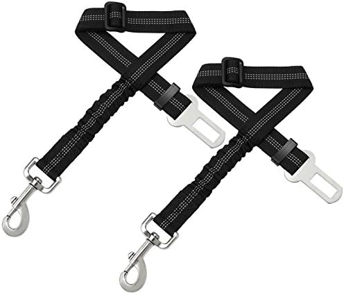 Dog Car Safety Seat Belt Harness Restraint Lead Adjustable Travel Collar with Elastic Nylon Bungee - 2 Pack (Black)