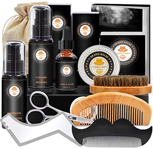 Kit de Barbe Homme Complet Coffret Barbe avec Shampoing Barbe,Guide Barbe,Huile Barbe,Barbe Peigne,Brosse a Barbe,Baume à Barbe,Ciseaux à Barbe,Sac,Livre électronique,Soin Barbe Cadeaux Pour Homme