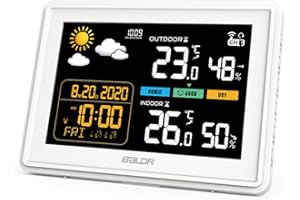 Konsen Wetterstation funk mit Außensensor DCF Funkuhr, Farbdisplay mit großen Zahlen von Innen und Außentemperatur, dauerhafte Beleuchtung, Wettervorhersage, Luftdurckanzeige