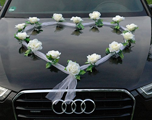 ORGANZA HERZ Auto Schmuck Braut Paar Rose Deko Dekoration Autoschmuck Hochzeit Car Auto Wedding Deko Girlande PKW (Ecru / Weiß) - 3