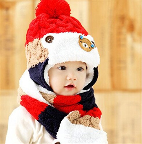SONGQEE(TM) Winter Warm Boys Wool Acrylic Hat/Scarf Set Knitted Hat Scarf Red Cute Bear for Christmas (Red)