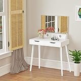 Panana Anaelle Coiffeuse Moderne Table de Maquillage en MDF, 2 Grandes Tiroirs et Miroir Rectangulaire pour Chambre, Taille: 85 x 40 x 131 cm, Blanc