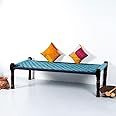 FURNWEAVE Solid Sheesham Wood Handmade Rajasthani Charpai | Cotton Rope Khatiya Charpai Single Bed Without Storage| Wooden Cot Bed | Khatiya-Khaat| 6x3 Feet | Light and Dark Blue Combination