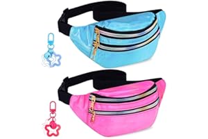 Vyuwast 2 Pack Holographic Bumbag Shiny Bumbag Waterproof Hip Pouch Vintage Waist Bag Double Zipper Bum Bag Rave Bumbags with Star Keychain Pendant for Women Men Travel Running Hiking(Blue/Pink)
