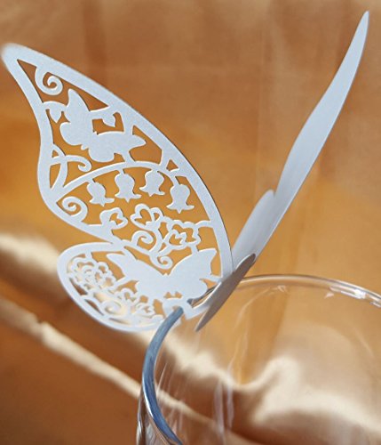 DIKETE® Hochwertig 50 Stück Schimmer Weiß Schmetterling Glas Platzkarten Hochzeit Geburtstage Taufe Party Tischkarten Namenskarten Glasanhänger für Weinglas Cup Deko Hochzeitsfeier Champagnerglas Deko Geschenkaufkleber Geschenkanhänger Geschenk Umbauten Aufkleber - 3