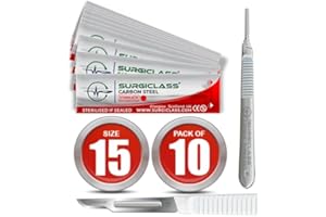 SURGICLASS Skalpellklingen Figur 15 aus Karbonstahl 10 Stück steril + Skalpell-Halter - Edelstahl Perfekt für Holzkunst, Chirurgie, Bildhauerei, Laboranatomie, Kartenherstellung, Labortraining SURGIRD15-10