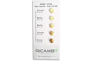 RICAMBIT Kit 5 Ugelli Universali 6MB GPL per Bombole, Cucine a Gas | Misure Differenti (Piccolo 0,50-2x Medio 0,70 - Grande 0,90 - Forno 0,95)