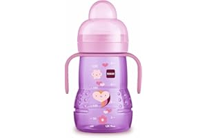 MAM Biberon de transition 4+ mois (220 ml) rose – Biberon d'apprentissage avec 1 tétine débit 3 rapide + 1 bec anti-fuite – Biberon avec poignées ergonomiques pour apprendre à boire comme un grand