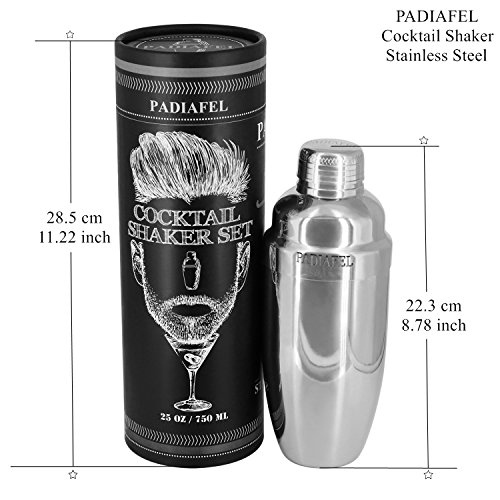 PADIAFEL Cocktailshaker Set-Premium Edelstahl Bar Cocktailset: 0,75L Professioneller Edelstahl Cocktail Shaker-Mixer mit Sieb, Messbecher, Barlöffel, Gabel + Barstößel - 7