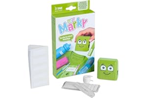 COLOP DIY MARKY - Timbro personalizzabile per bambini | Abbigliamento e oggetti per bambini | Inchiostro fino a 1000 impronte | Tutte le superfici | Kit completo con etichette e nastro termoadesivo (Verde)