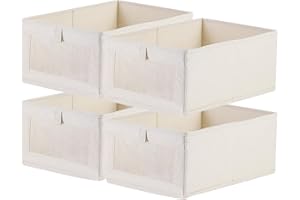 Niviy 4PCS Rangement Vetement Boite de Rangement pour Penderie Pliable en Tissu Coton et Lin avec Fenêtre Transparente pour Étagère, Lessive, Jouets, Livres 41x28x17cm Beige